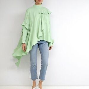 Pastel green long sleeve cascade mock neck top